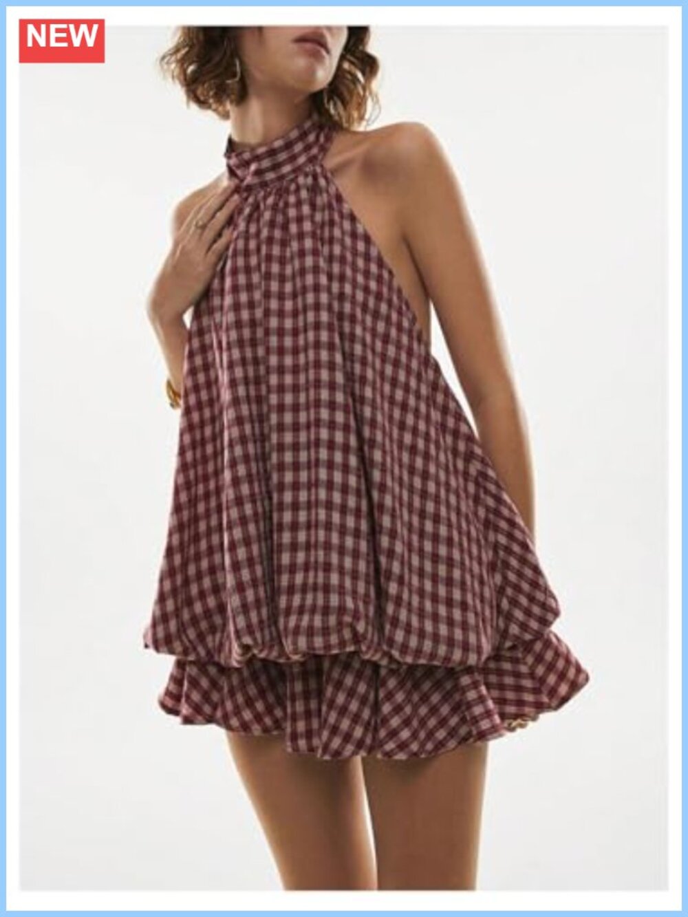 Women's Plaid Halter Mini Dress Ruffle Bubble Hem Going Out A-Line Sundress - Picture 3 of 4
